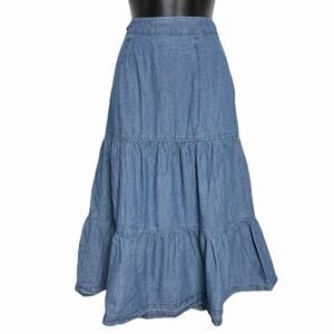 ST JOHNS BAY DENIM TIERED RUFFLE MAXI SKIRT WESTERN BOHO COTTAGE COTTON SIZE M
